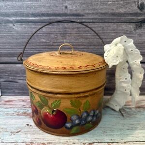 Vintage Toleware Tin Pail Lunch Bucket with Handle Lid Tan with Fruit